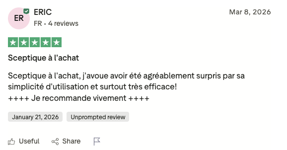 Avis Trustpilot - ERIC - Sceptique à l'achat, agréablement surpris